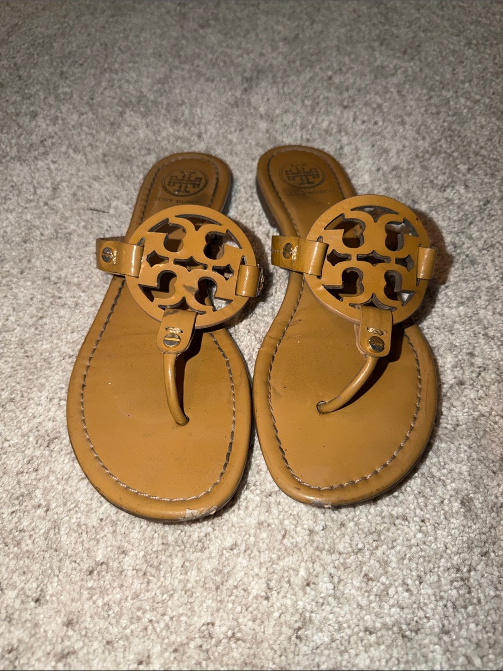 Tory Burch Caramel Leather Logo Thong Sandals